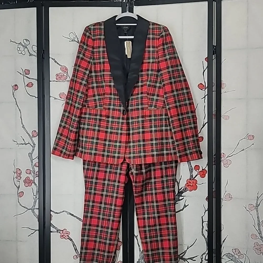 J. Crew Nwt Parke Red Tartan Plaid Tuxedo Suit Satin Lapel Blazer/Pant Set 16T